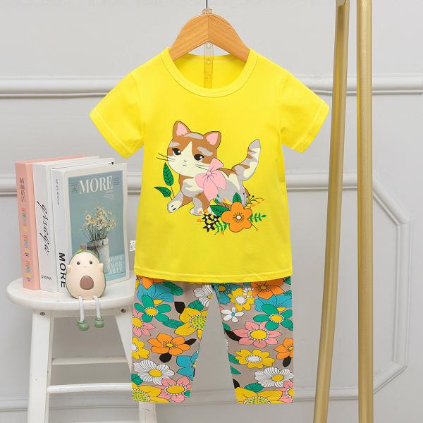 Short Sleeved Capris Round Neck Night Suit Summer Kitten For Home Age 12 Pyjamas