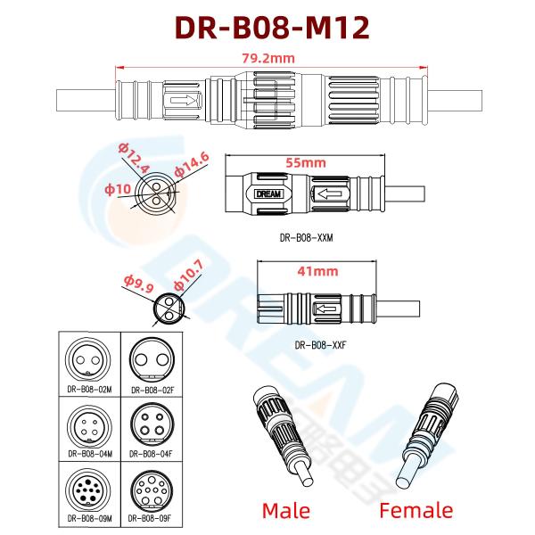 ODM M12 E-Bike Cable Bicycle Motor Power And Signal PIN Waterproof Connector