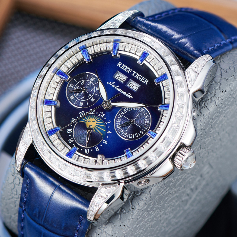 Reef‑Tiger Men Automatic Watch,Rose Gold Diamond Bezel Moon‑Phase Calendar Leather Strap Business Wristwatch