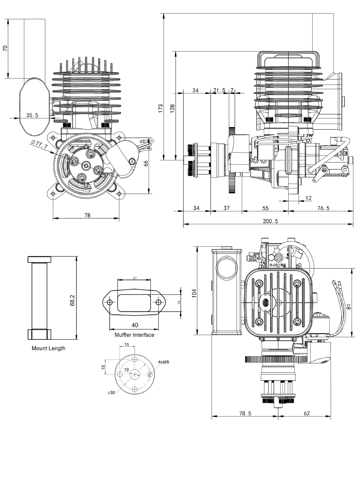EPHIL 60cc-S PRO model gasoline engine electric start two-stroke rear fixed wing engine