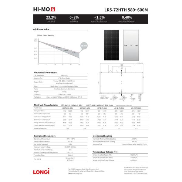 LONGI Mono Pv Modules 580W 600W Hi-Mo