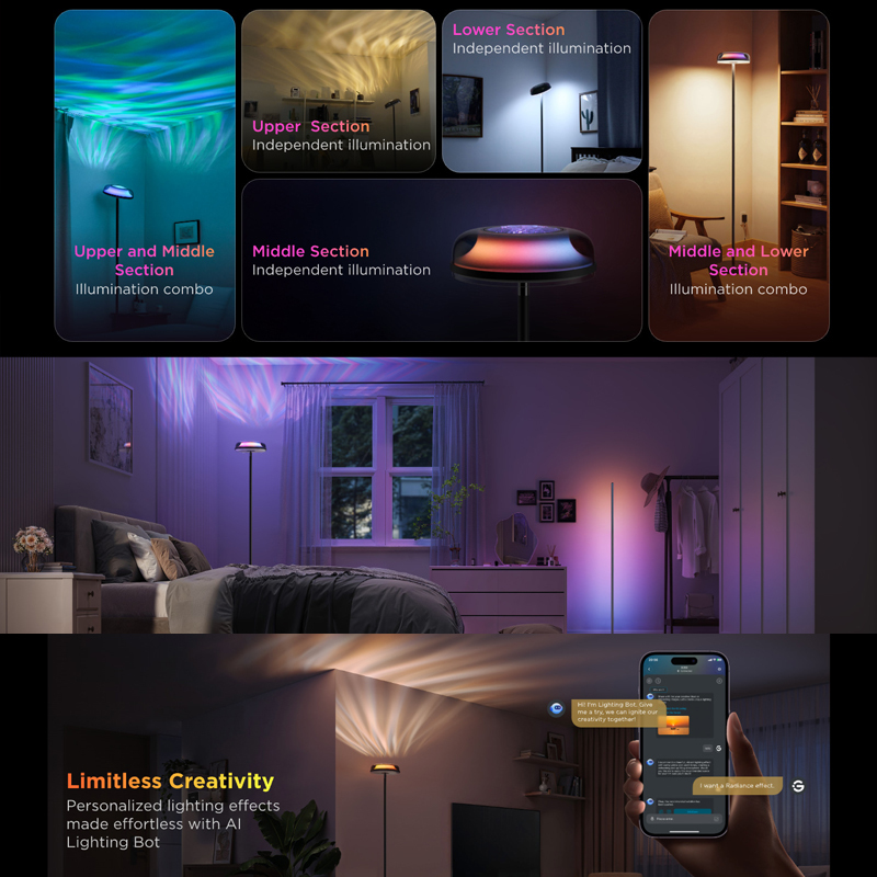 Modern Wave Pattern RGBIC LED Floor Lamp Projector Adjustable Height Control Multicolored Dome Shade Ambient Lighting