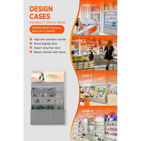 GDR02-BG01 Skincare Display Cabinet with LED Strip Lights and White Glass for Department Stores
