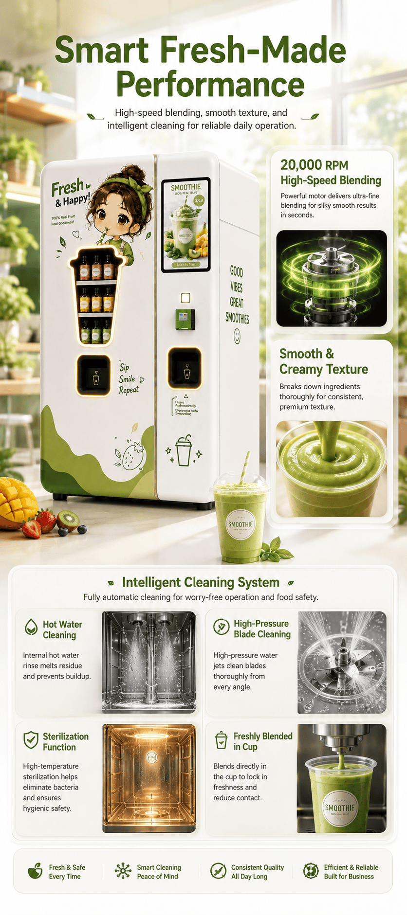 Small Fresh Smoothie Vending Machine with Automatic Blender, Smart Payment System, 21.5-Inch Touchscreen, Self-Cleaning Function for Healthy Beverage