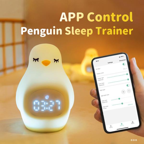 LED Kids Sleep Trainer Night Light Rechargeable Smart Wake Up Clock Dimmable Soft Silicone Penguin