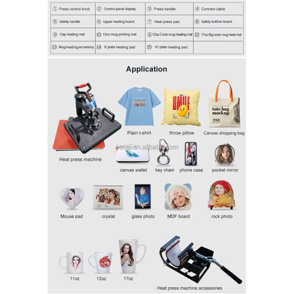 KECAI 8 in 1 Combo Multifunction Heat Press Machine for Printing Machine T-Shirt Hat Mug Plate New Condition
