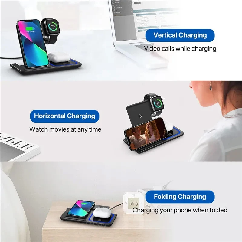 Wireless 3 In 1 Phone Watch Earbud Charger Multifunction Stand Charging Station Fast Charging Dock