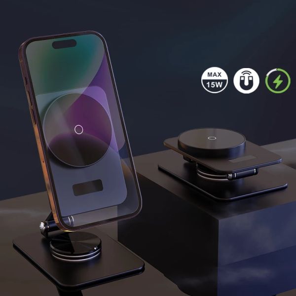 360 Degree Rotation Foldable 15W Wireless Charger Magnetic Charging Station Stand