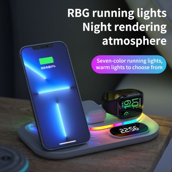 Foldable RGB Alarm Clock Wireless Charger Stand 4-in-1 Magnetic Charging Station LED Light Fast Wireless Charging Dock
