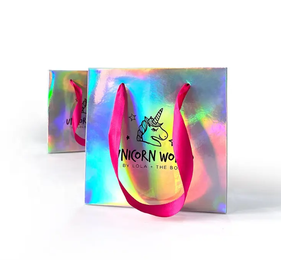 Custom Logo Luxury Glossy Pink Ribbon handle Paper Bag Gift Craft Jewelry Cosmetic Packaging Holographic Paper Shopping