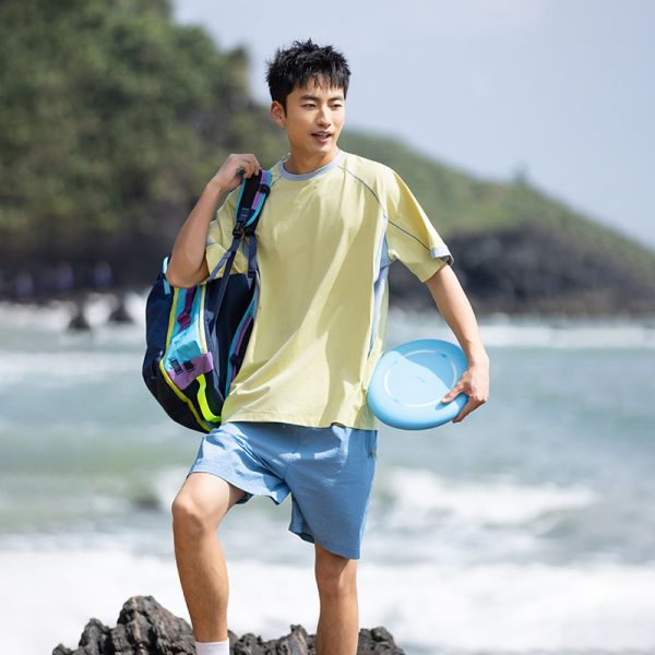 Men's Raglan Sleeve Color Block T-shirt Fine Stripe Polyester Quick Dry Antibacterial Outdoor Short Sleeve Custom OEM