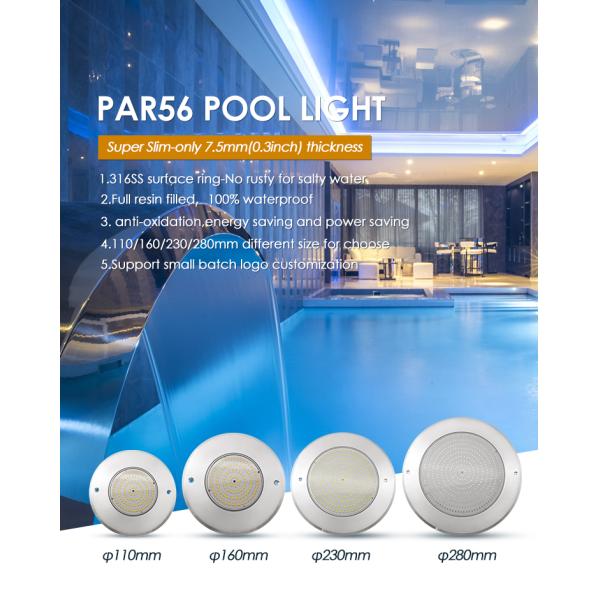 Waterproof PAR56 LED Pool Light 316SS Housing Ultra Thin 7.5mm Resin Filled Wall Mounted 230MM 18W 25W DC AC12V