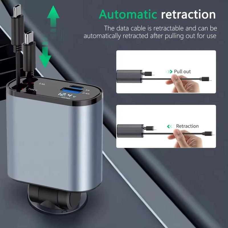 100w Lighter Universal Phone 4 in 1 Usb Type c Retractable Car Charger Fast Charging