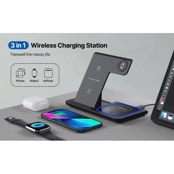 Wireless 3 In 1 Phone Watch Earbud Charger Multifunction Stand Charging Station Fast Charging Dock
