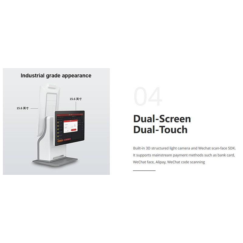 15.6" Desktop Dual-Screen Self-Service Kiosk, Optional Android & Windows OS, Integrated with 80mm Thermal Printer, Barcode Scanner and NFC Reader
