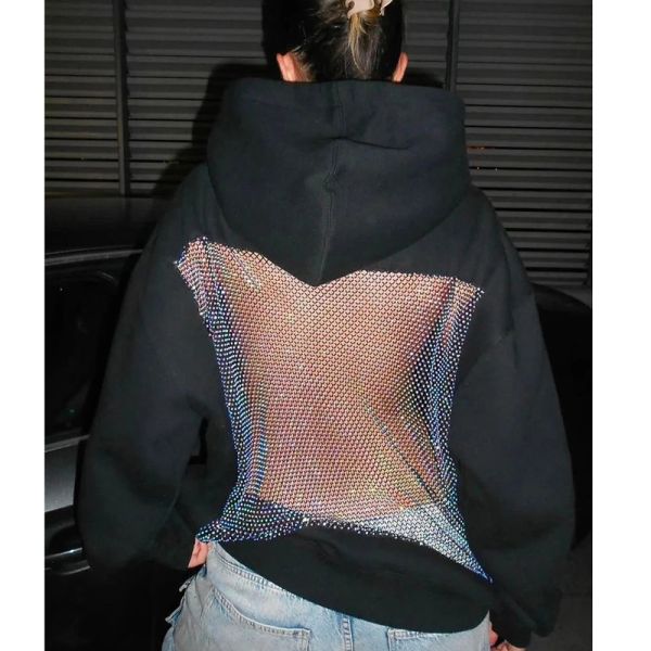 Customize Solid Rhinestone Bling Hollow Out Hoodie Backless Design Eye-Catching Must-Have Polyester/Cotton Oversized Breathable