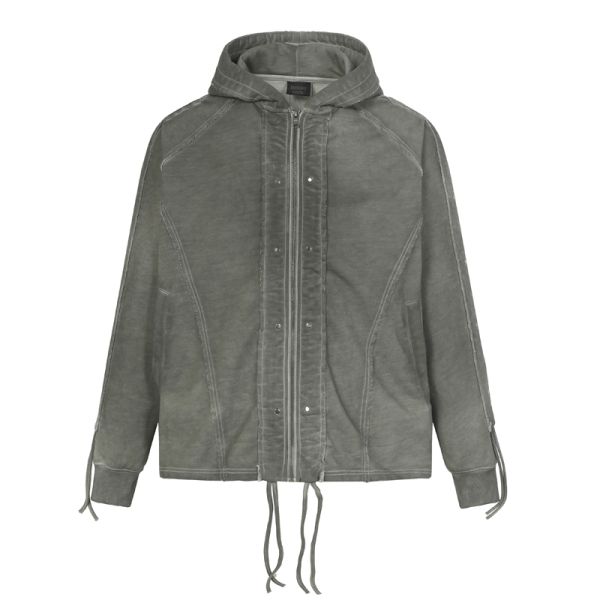 Washed Grey Zip-Up Hoodie Dark Grey Washed Varsity Jacket Men's Hooded Polyester/Cotton Vintage Windproof Breathable Winter