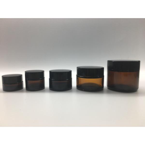 Transparent Cosmetic Refill Amber Glass Jar Straight Round Shape With Plastic Black Lid