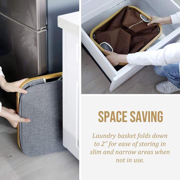 Nordic Simplicity Canvas Rectangular Bamboo Hamper / Laundry Organizer 17.5x15.75x13''