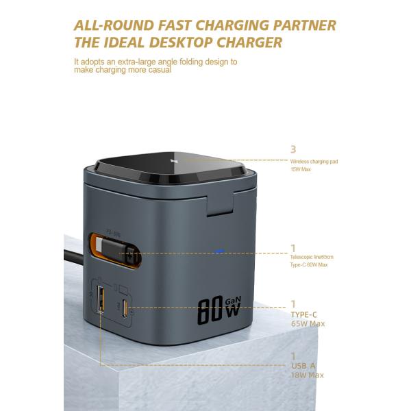 80W 6 In 1 Multi Function Wireless Charger Gallium Nitride Laptop Wireless Power Charger