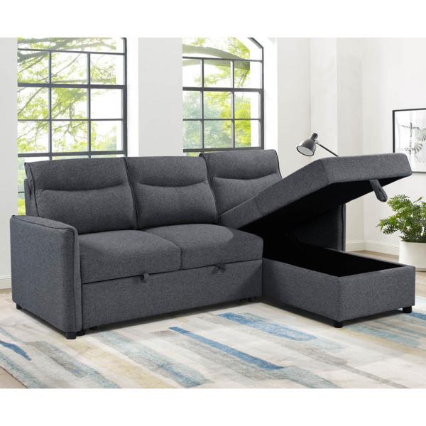 L-Shaped Reversible Sectional Sleeper Sofa with Pull-Out Bed and Storage, Neutral Gray Fabric