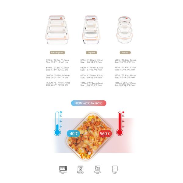 IKOO Borosilicate Glass Food Container with Vented 4 Lock PP Lid