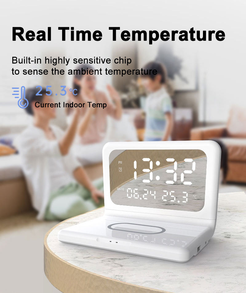 Custom Mini Wireless Rechargeable Calendar Digital Clock Multifunctional Miniature Alarm Clock Mobile Phone Charging