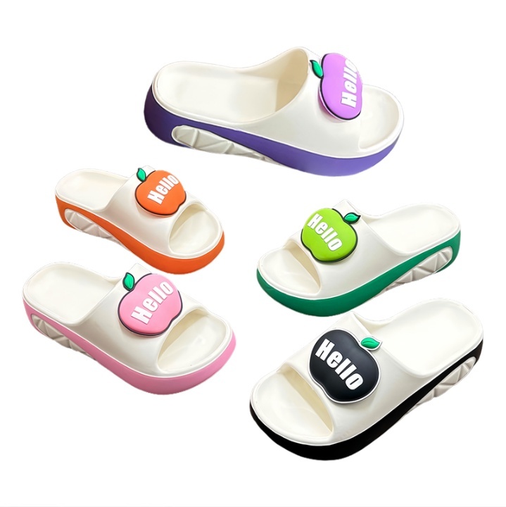 EVA Two-Tone Thick Sole 3D Apple Hello Letter Decor Slide Sandals