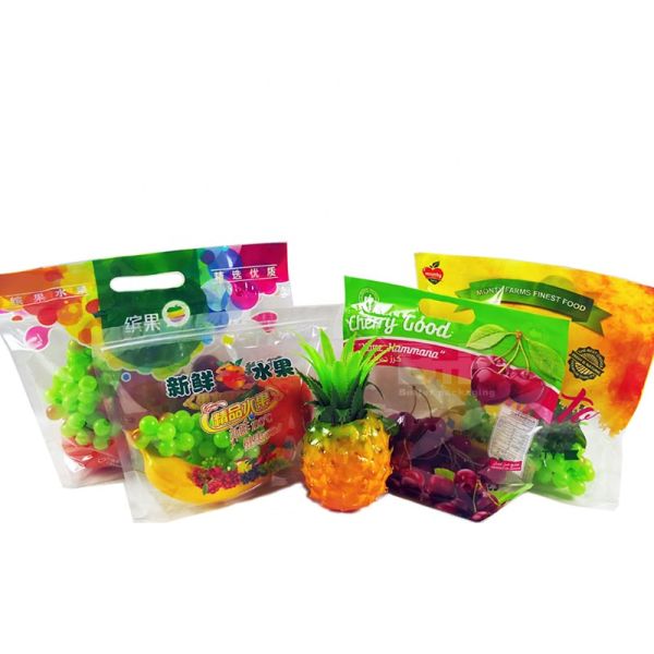 Custom Logo Transparent Cherry Grape Fruit Stand up Pouch with Zipper and Handle Recyclable Plastic Packaging Bags