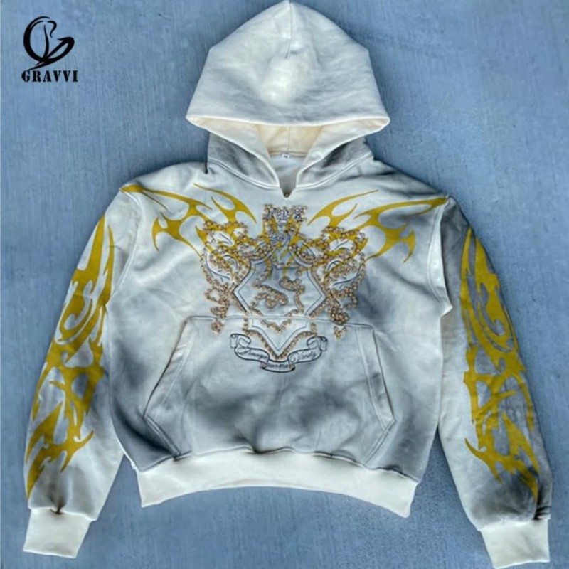 Custom Cool Vintage Rhinestone Flame Heavyweight Pullover Hoodie