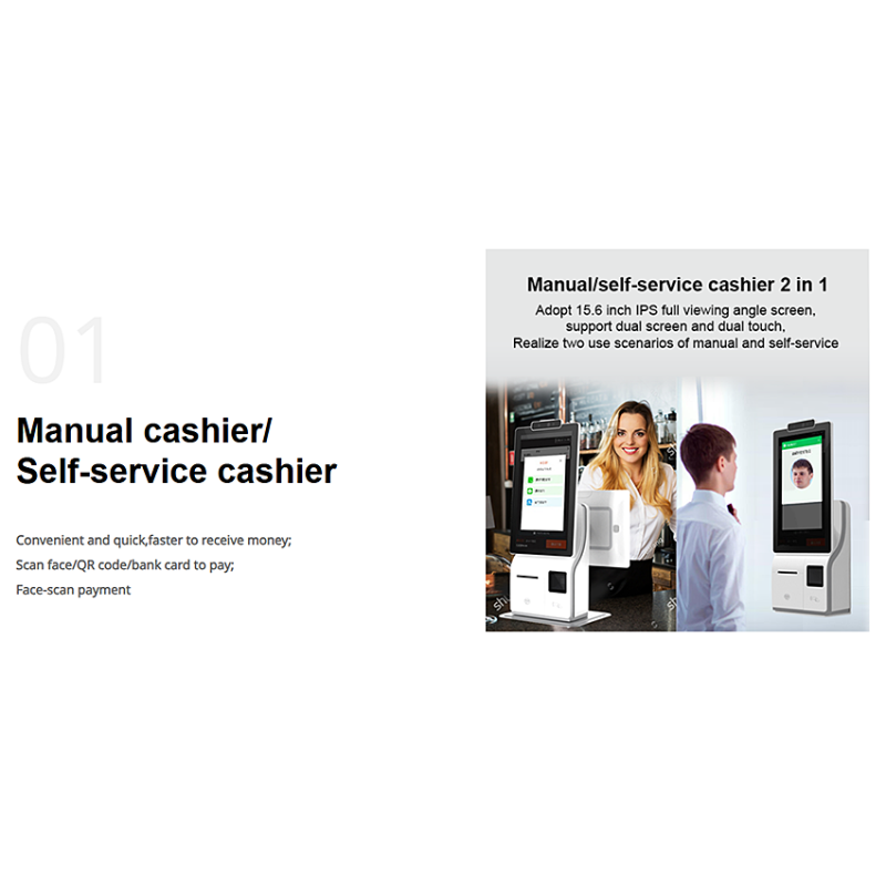 15.6" Desktop Dual-Screen Self-Service Kiosk, Optional Android & Windows OS, Integrated with 80mm Thermal Printer, Barcode Scanner and NFC Reader