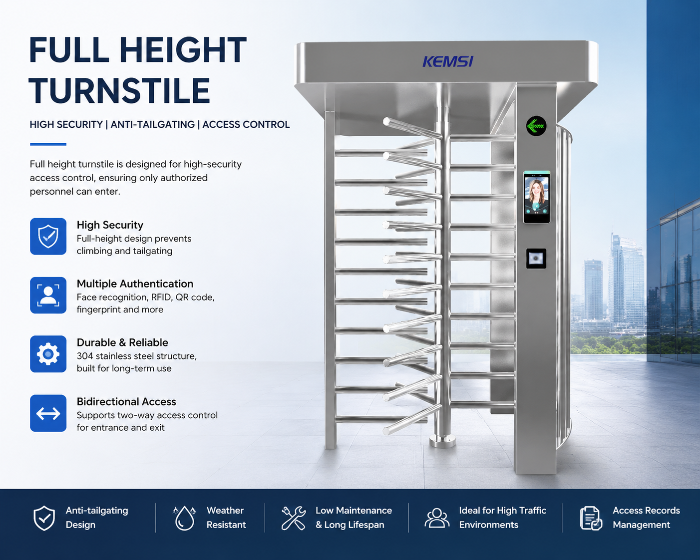 Full Height Turnstile With Automatic Reset And Anti Tailgating