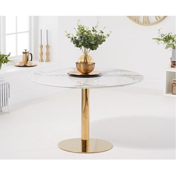 Iso 9001 120cm Round Marble Effect Dining Table With Fern Velvet Chairs Blue