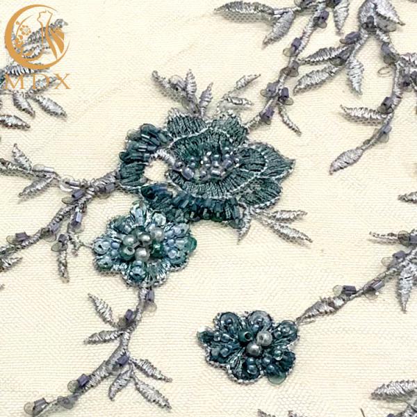 Blue 3D Embroidery Mesh Beaded Lace Fabric For Dresses