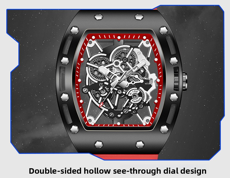 Luminous waterproof skeletonized quartz watch, barrel-shaped men's watch