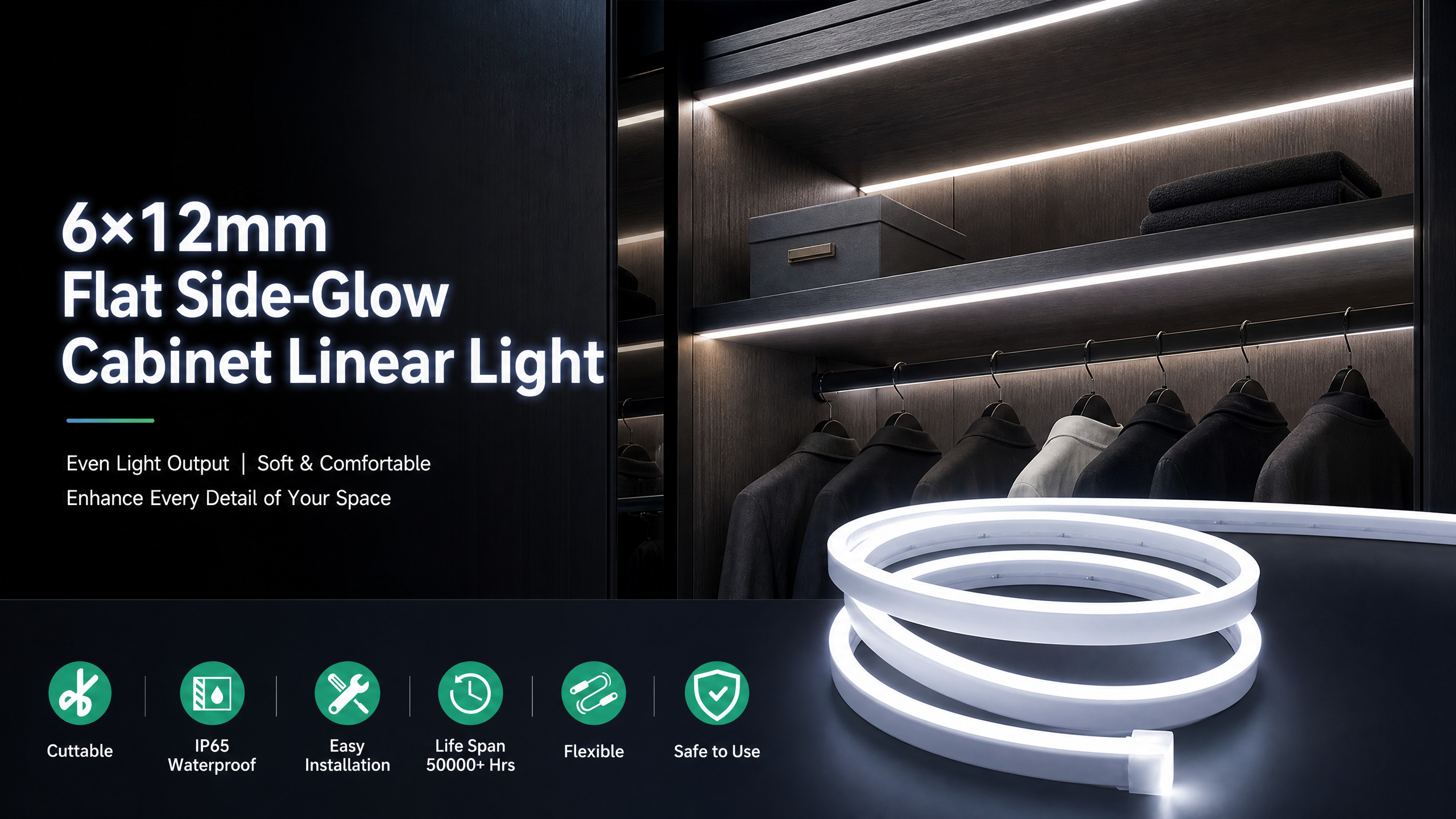 6×12mm Flat Side-Glow LED Neon Strip Light with Waterproof IP65 and 120 Degrees Illumination for Indoor & Outdoor Decoration