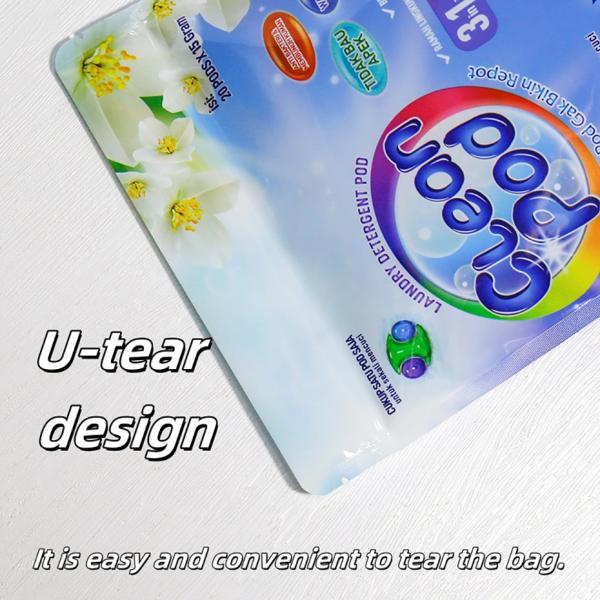 Glossy Surface Stand Up Pouches For Laundry Pods Packaging Customizable With High-Definition Flexogravure And Digital Printing.