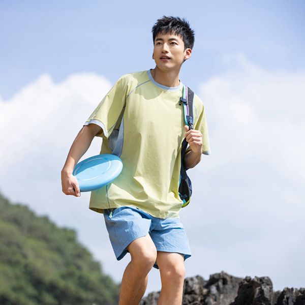 Men's Raglan Sleeve Color Block T-shirt Fine Stripe Polyester Quick Dry Antibacterial Outdoor Short Sleeve Custom OEM