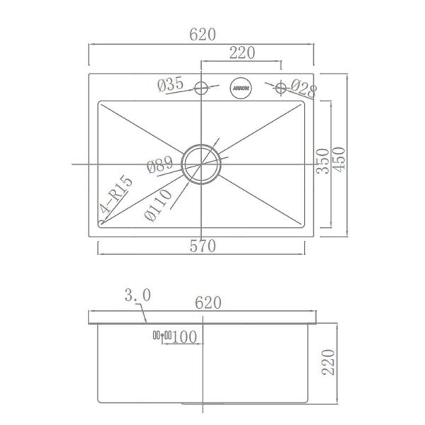 ARROW Stainless Steel Kitchen Sink , 600x430mm Single Bowl Undermount Kitchen Sink