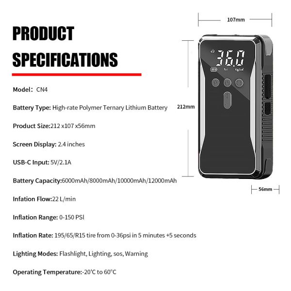 Portable Intelligent Tyre Pump 3-140 Psi Electric Tire Inflator Electric Bikes Motorcycles Automobile 2 In 1 portable car jump starter emergency car