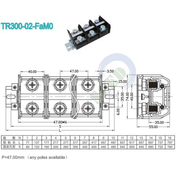 PCB Panel Mount Terminal Block 47.00mm 600V 300A PC Black Screw Terminal Connector