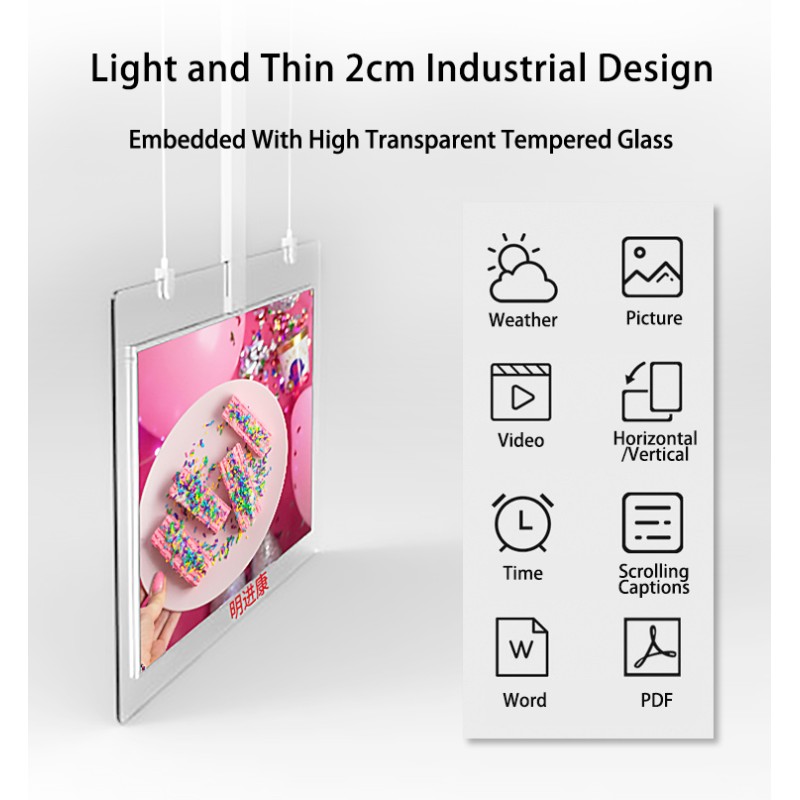 55 Inch Ultra-Thin Double-Sided Transparent Digital Poster 4K Roof-Hanging Android/Windows OS Compatible Elevator Wayfinding