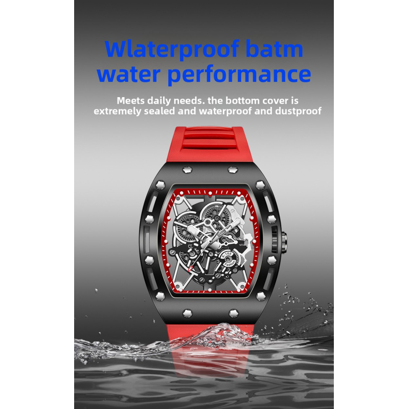 Luminous waterproof skeletonized quartz watch, barrel-shaped men's watch