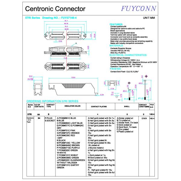64 Pin Female Centronic IDC Connector With PBT Insulator Material and Hood