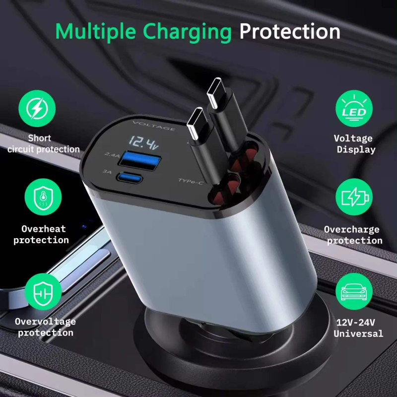 100w Lighter Universal Phone 4 in 1 Usb Type c Retractable Car Charger Fast Charging