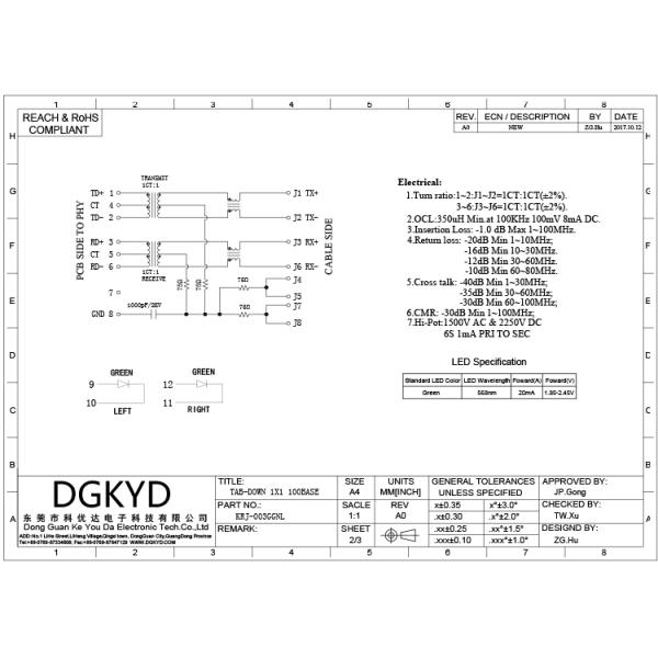 Transformer RJ45 Ethernet Connector 100Mb G/G LED For Network Switch