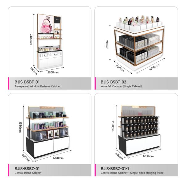 Beauty Store Stand Platinum Wooden Island Cabinet With Led Lights For Branded Makeup Store Cabinet And Luxury Display Shelf