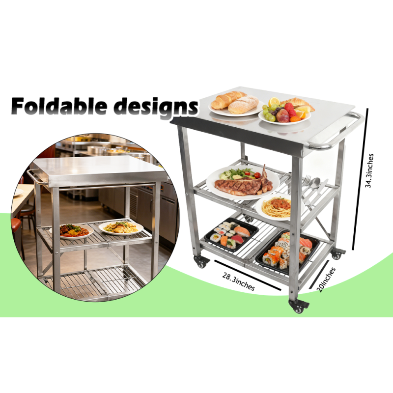 Foldable Stainless Steel Kitchen Cart With Wheels | Portable Kitchen Island, Microwave Stand & Storage Cart For Home, Restaurant & BBQ