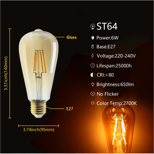 540lm 6W ST64 Vintage Amber Light Bulbs Indoor 2700k LED Edison Bulb