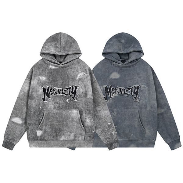 Support Customization Winter High Street Stickers Graffiti Dirt Stains Denim Oversized Hoodies Men's 3D Embroidery Heavy-duty